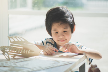 Asian child  builds a toy of wood