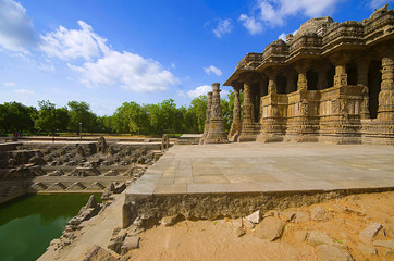 Outer view of the Sun Temple on the bank of the river Pushpavati. Built in 1026 - 27 AD,  Modhera...