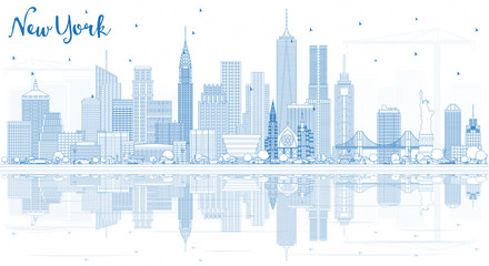 Outline New York USA City Skyline with Blue Buildings and Reflections.