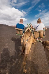 Poster Unidentifiable tourist riding Camels in volcanic landscape in Timanfaya national park, Lanzarote, Canary islands, Spain. © herraez