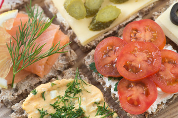 healthy small open sandwiches  cheese selective focus macro