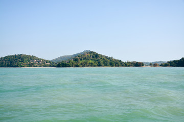The island of Phi Phi.Island view from a boat on the sea background.Thailand