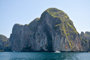 The island of Phi Phi.Island view from a boat on the sea background.Thailand