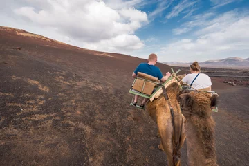 Schilderijen op glas Unidentifiable tourist riding Camels in volcanic landscape in Timanfaya national park, Lanzarote, Canary islands, Spain. © herraez