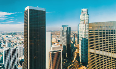 Aerial view of skyscrapers in Downtown Los Angeles, CA