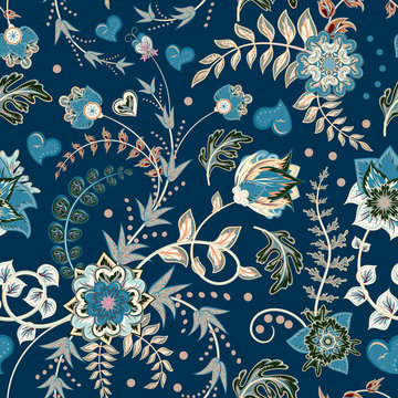 Seamless floral background. Tracery handmade nature ethnic fabric backdrop pattern with flowers. Blue white green textile design texture. Decorative color art. Vector