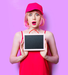 young woman with blackboard