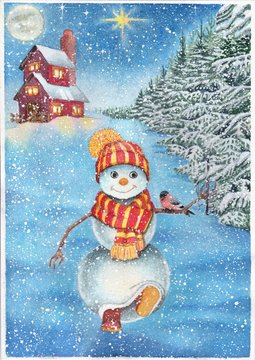 The snowman is perfect for decorating a Christmas or New Year card.