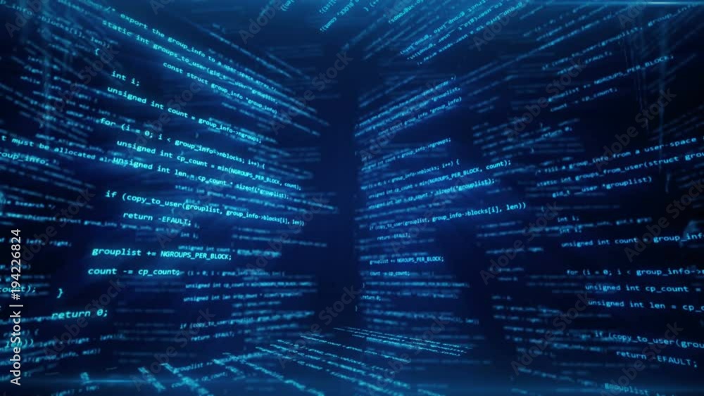 Poster virtual space with running code in the form of cubes