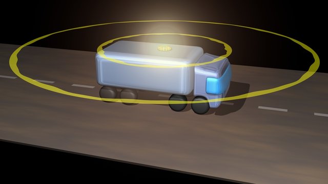  Autonomous truck with lidar scan signal drives along highway. 3d render