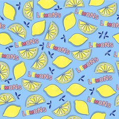 Obraz premium Seamless pattern with bright yellow lemons and lettering. Vector background.