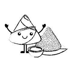 kawaii happy rice dumpling with sauce cartoon vector illustration sketch