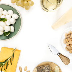 Selection of cheeses on white with copy space, square photo