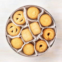 Overhead photo of Danish butter cookies in a tin