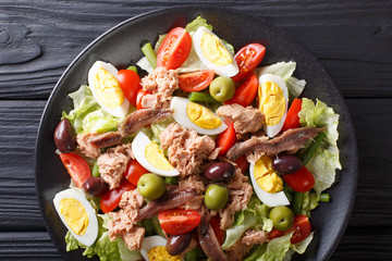 nicoise salad of tuna, anchovies, eggs, tomatoes, green beans, olives and lettuce close-up on a plate. Horizontal top view