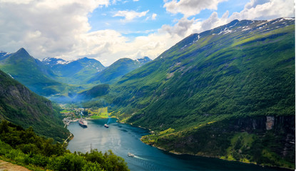 Fototapeta na wymiar Aerial panorama view to Geiranger fjord from Trollstigen, Norway