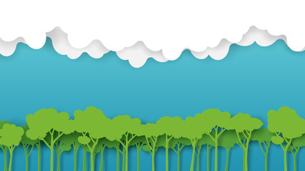 Obraz premium Zielona sylwetka krajobraz lasu z chmurami i niebieskim tle nieba. Koncepcja ochrony przyrody i środowiska stylu sztuki papieru. Ilustracja wektorowa.