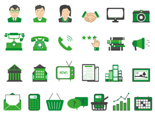business icons line art green color with office characters of director, manager and client