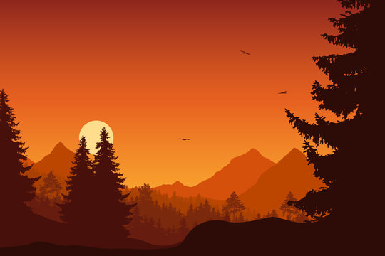 Mountain landscape with forest, under a orange sky with flying birds and sun