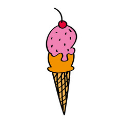ice cream cone waffle cherry fruit sweet vector illustration