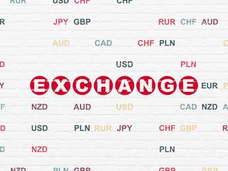 Banking concept: Painted red text Exchange on White Brick wall background with Currency