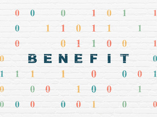 Business concept: Painted blue text Benefit on White Brick wall background with Binary Code