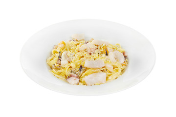 Pasta, noodles with seafood, decorated with cheese. Isolated white Side view Serving a meal in a cafe, restaurant.