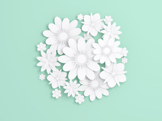 White paper flowers on light green, 3d