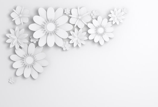 White paper flowers, bridal greeting card 3d
