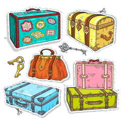 colorful sticker, set retro luggage, old vintage suitcase, chest and bag