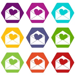 Envelope with Valentine heart icon set color hexahedron