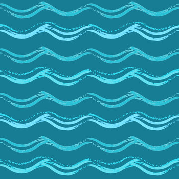 Blue seamless pattern with hand drawn waves