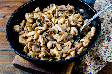Chicken (turkey) and mushrooms fried with onions in a frying pan
