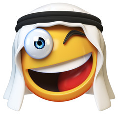 Winking Arab emoji isolated on white background, smiling Arabian winking face emoticon 3d rendering