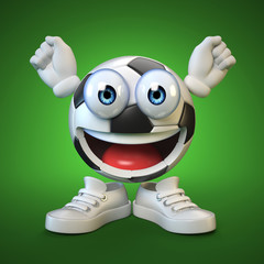 Football, soccer ball with cartoon face, sport emoji, football mascot 3d rendering