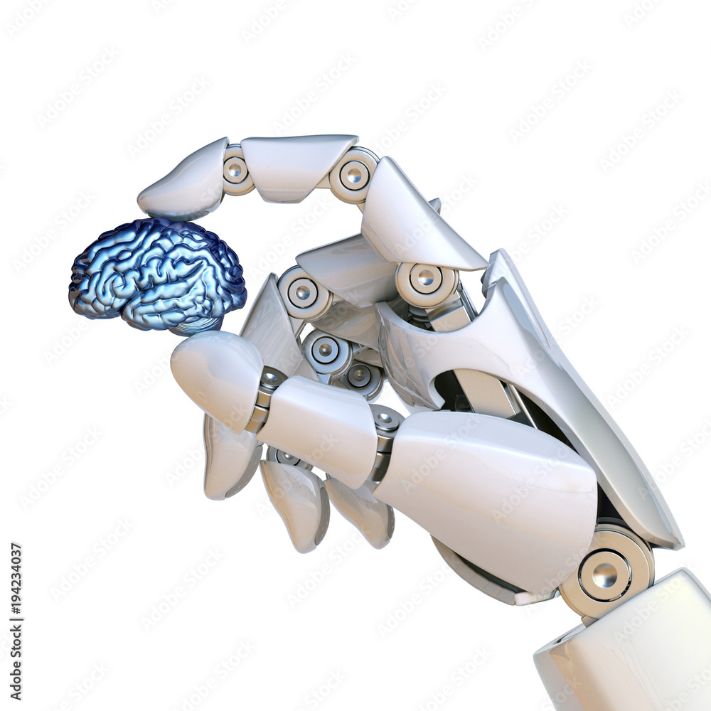 Poster robotic hand holding human brain, artificial intelligence concept, bionic brain 3d rendering