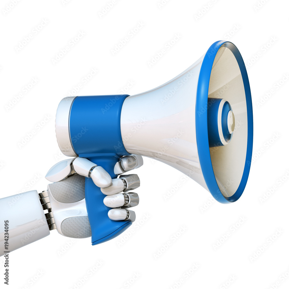 Aufkleber robot hand holding loudspeaker, android with megaphone, tech advertisement concept 3d rendering