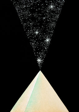 hand made illustration of a crystal pyramid which opens up a portal to the cosmos