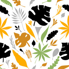 Fototapeta na wymiar Flat Seamless pattern from hand draw silhouette of tropic leaves colorful on white for creative design package of cosmetic or perfume or for design of botanical theme