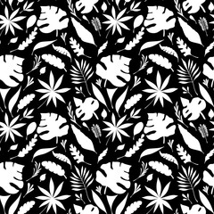 Flat Seamless pattern from hand  draw silhouette of  tropic leaves white on black for creative design package of  cosmetic or  perfume or for design of  botanical theme