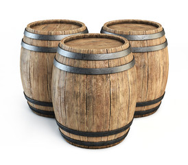 Fototapeta premium Wooden barrels isolated on white background 3d illustration