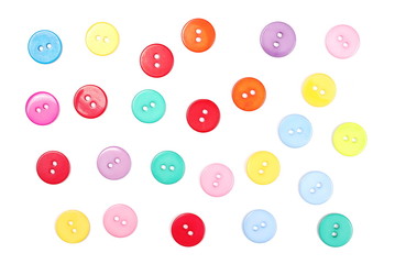 Colorful sewing buttons isolated on white background, top view