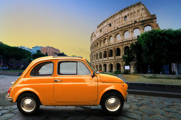 Retro car on background of Colosseum in Rome Italy - obrazy, fototapety, plakaty