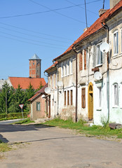 Fototapeta na wymiar Fragment of historical building on Oktyabrskaya Street. Zheleznodorozhny, Kaliningrad region