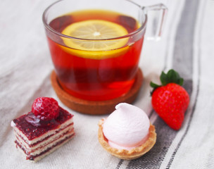Sweet bar on summer morning. Layer cakes with protein cream and fresh cherry and berries on a cake.