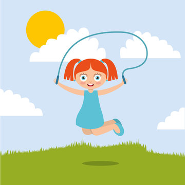 cute smiling girl jumping with skipping rope in the park vector illustration