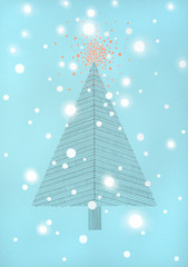 hand made line drawing of a christmas tree, with big, fat snow flakes falling around it