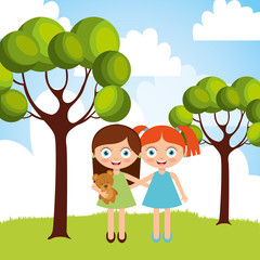 cute two young girl embraced in the park vector illustration