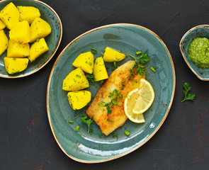 Fried piece of fish, with boiled young potatoes.