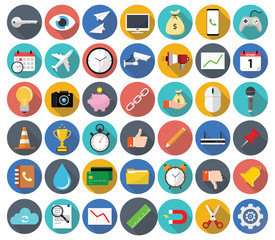 Set of miscellaneous modern flat icons with long shadow, covering business, finance, technology and web themes.